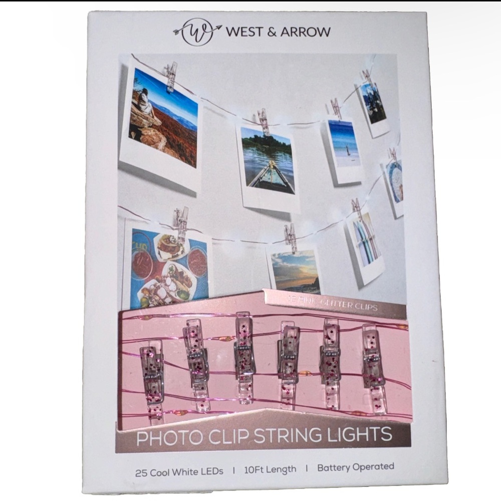 West & Arrow Photo Clip String Lights 12 Pink Clips 25 Warm White LED NEW!